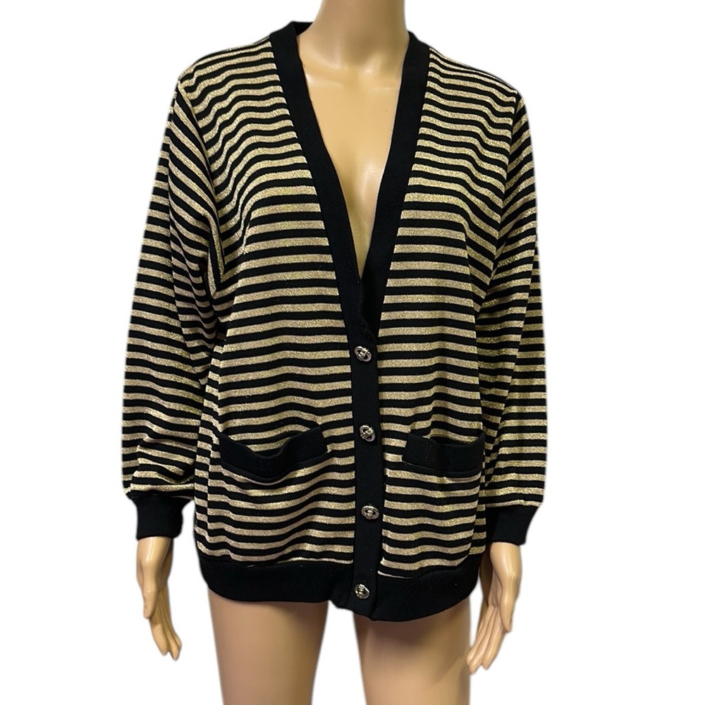 Graff Vintage Black Gold Striped Pocket 4 Button Front Cardigan Retro